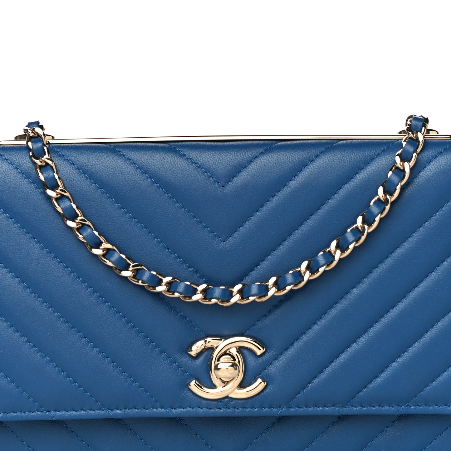 Lambskin Chevron Quilted Trendy CC Wallet On Chain WOC Blue