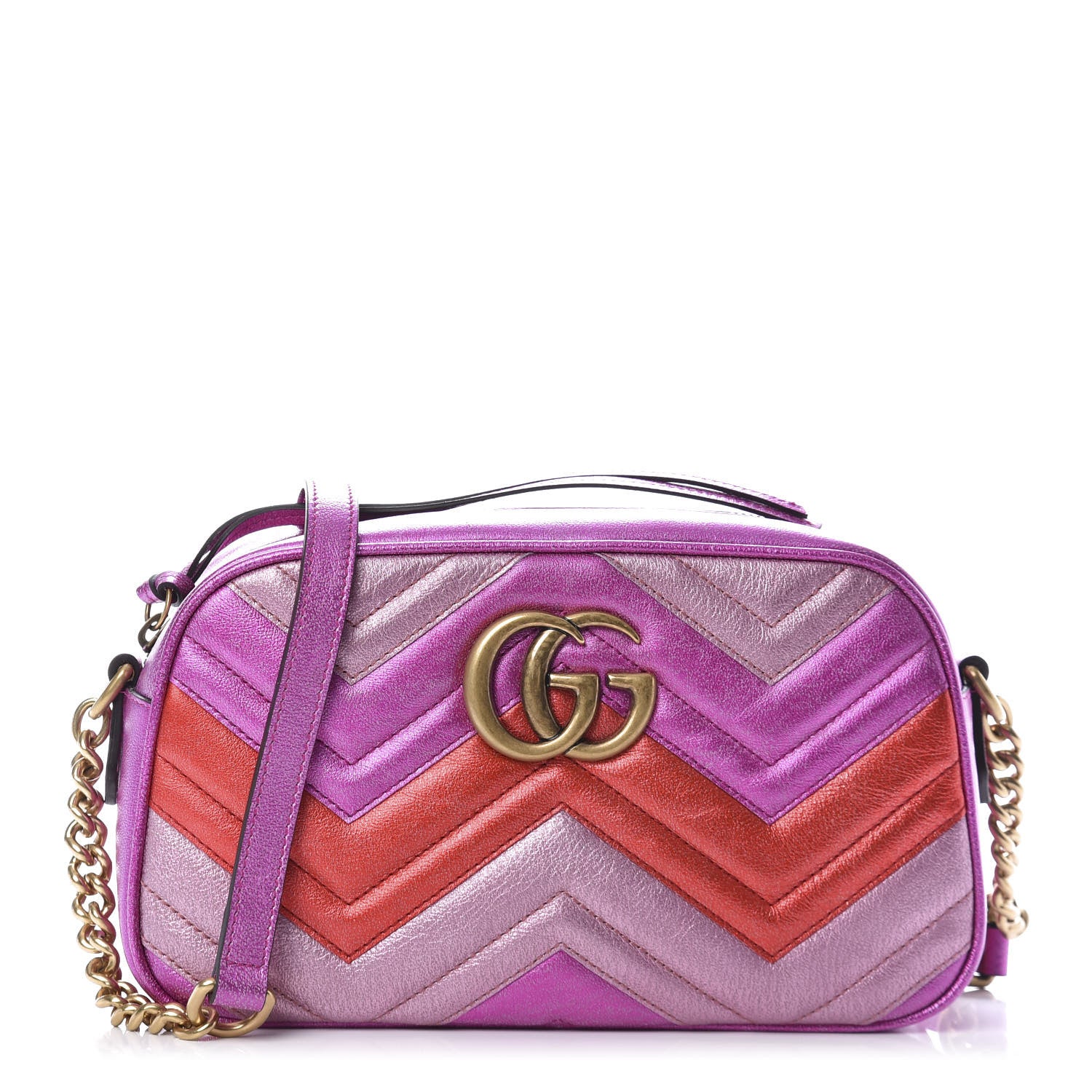 Gucci Laminated Nappa Matelasse Small GG Marmont Chain Shoulder Bag Fuxia Rosso Rosa 1 of 11