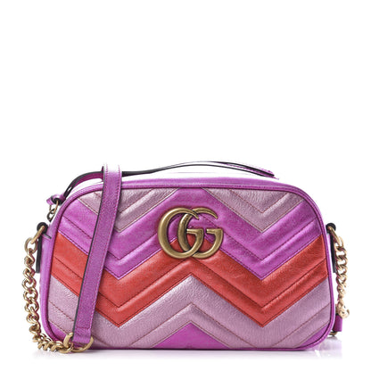Gucci Laminated Nappa Matelasse Small GG Marmont Chain Shoulder Bag Fuxia Rosso Rosa 1 of 11