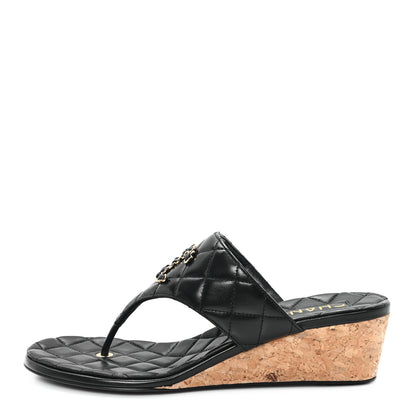 Chanel Shiny Goatskin Cork CC Wedge Sandals 39 Black 1 of 10