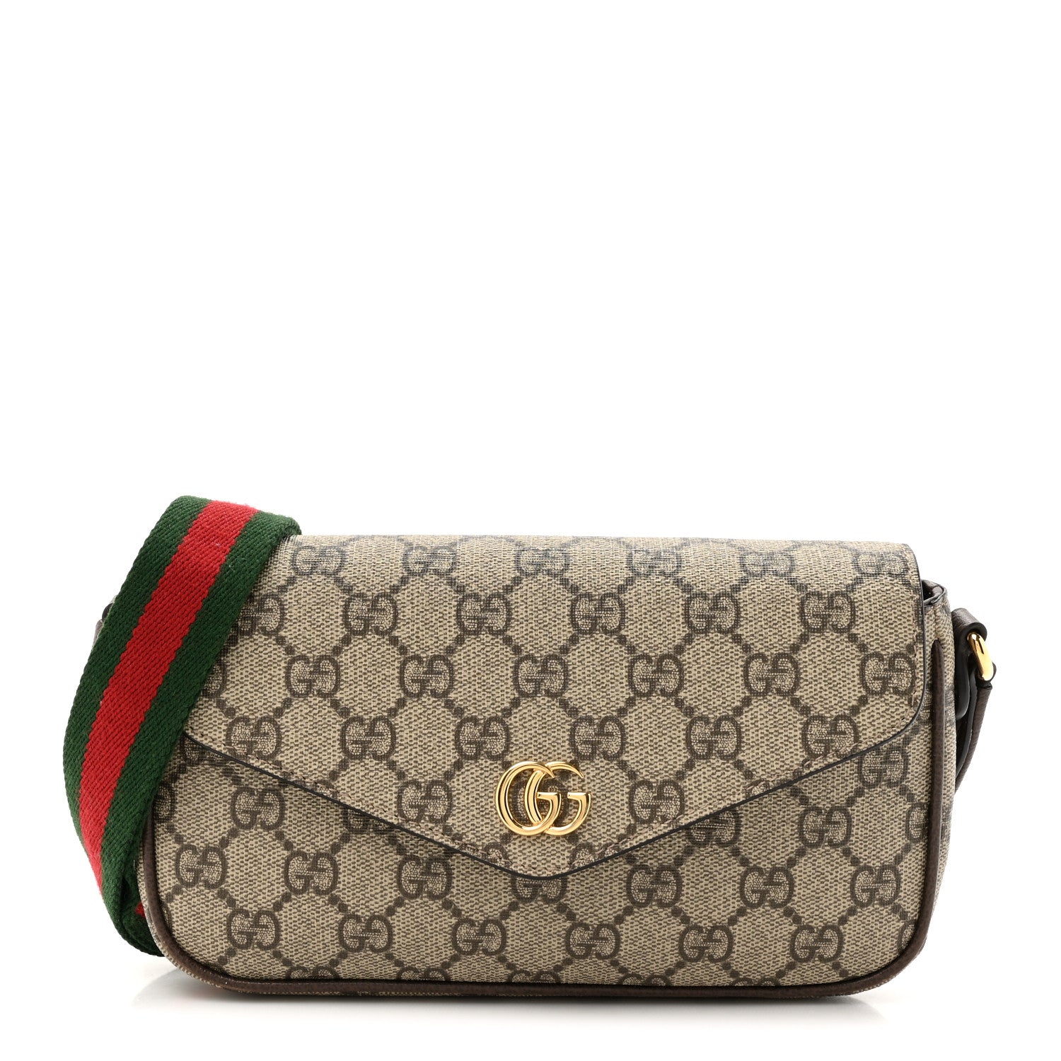 Gucci GG Supreme Monogram Textured Dollar Calfskin Web Mini Ophidia Envelope Shoulder Bag Beige Ebony New Acero 1 of 14