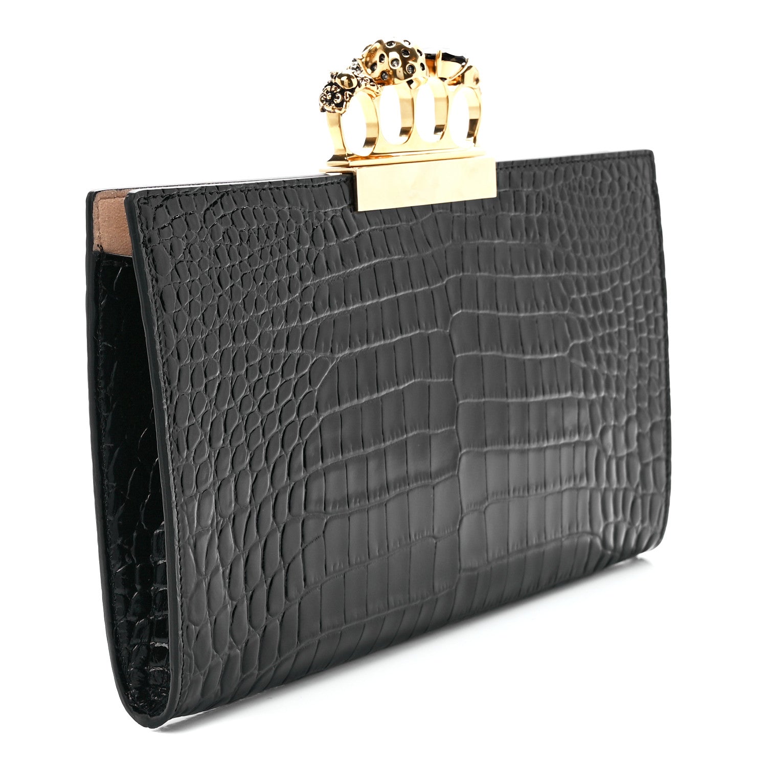 Alexander McQueen Calfskin Crocodile Embossed Knuckle Flat Clutch Black Gold 3 of 11