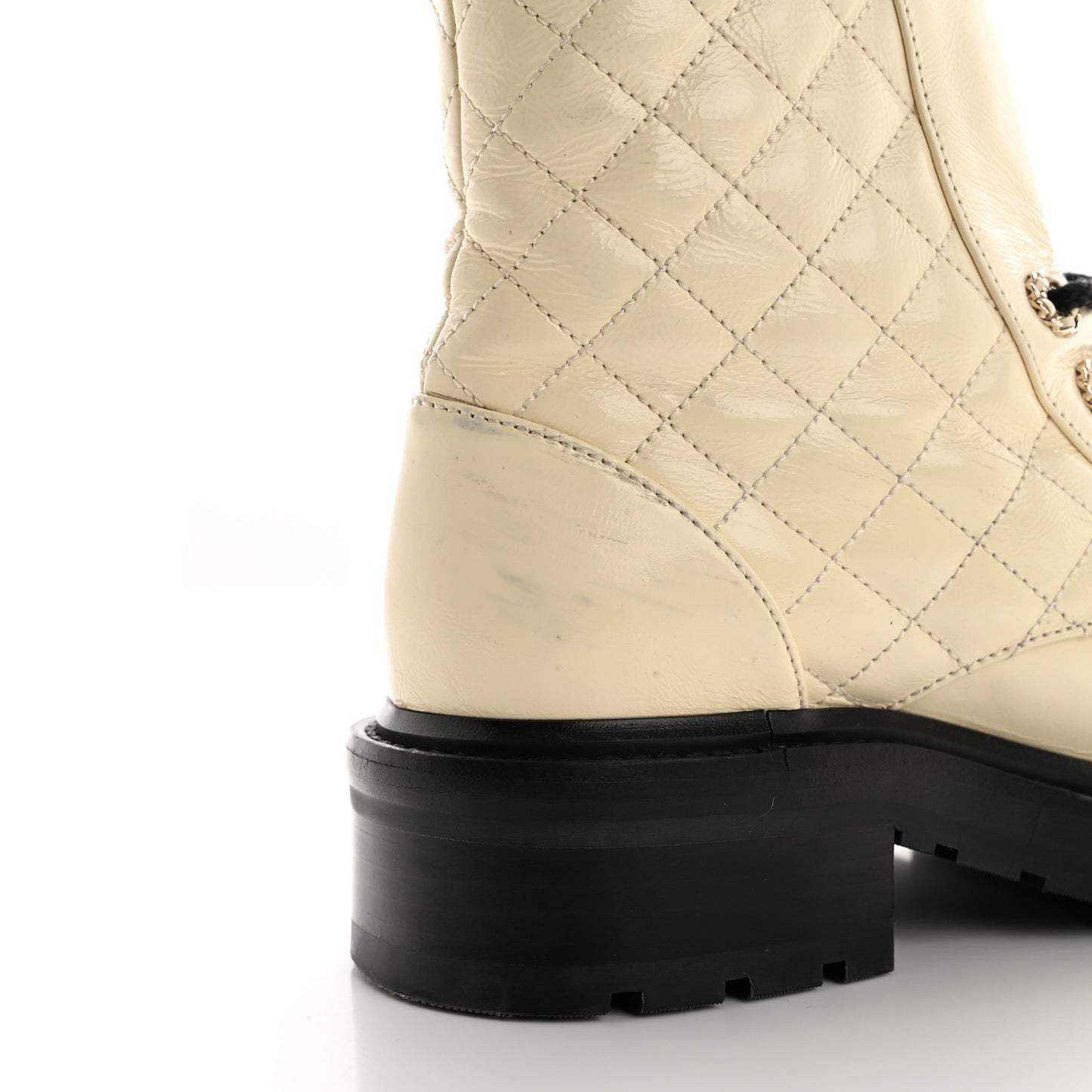 Shiny Lambskin Quilted Lace Up Combat Boots 36.5 White Black