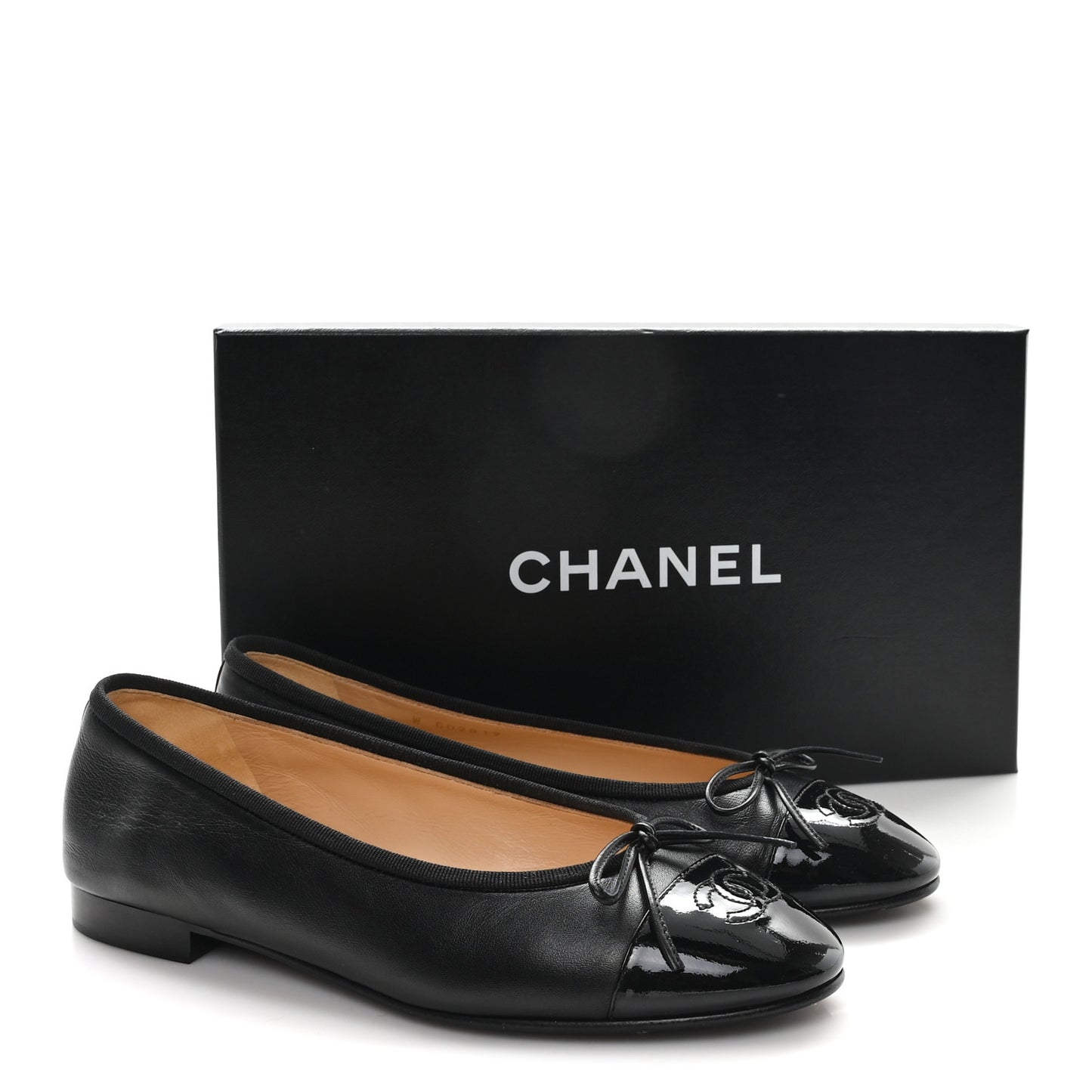 Lambskin Patent Cap Toe Ballerina Flats 38 Black