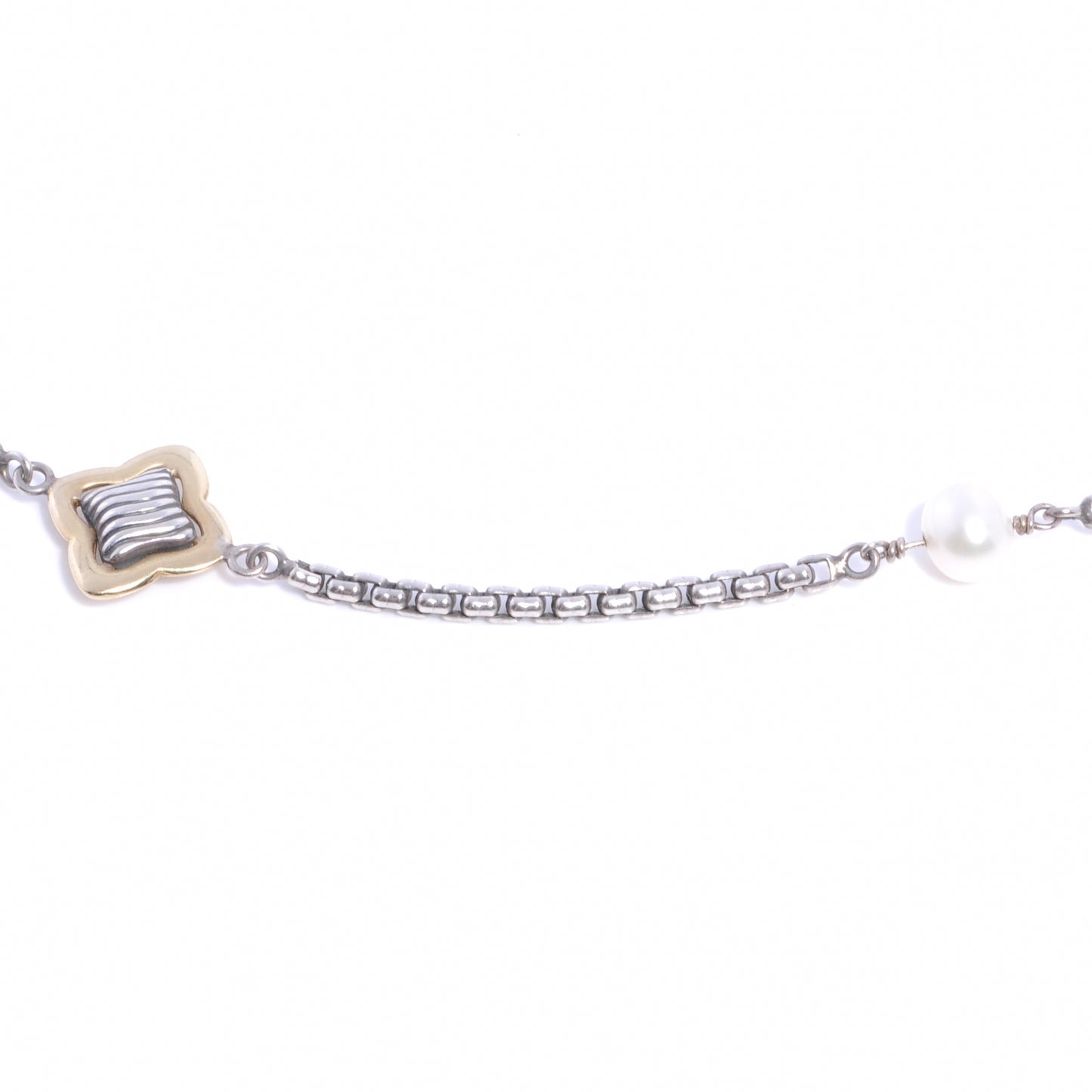 Sterling Silver 18K Yellow Gold Pearl 14mm Quatrefoil Station Necklace