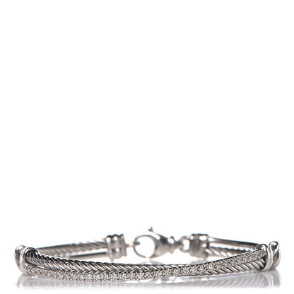 David Yurman Sterling Silver 14K White Gold Diamond 3mm Crossover Bracelet 1 of 4