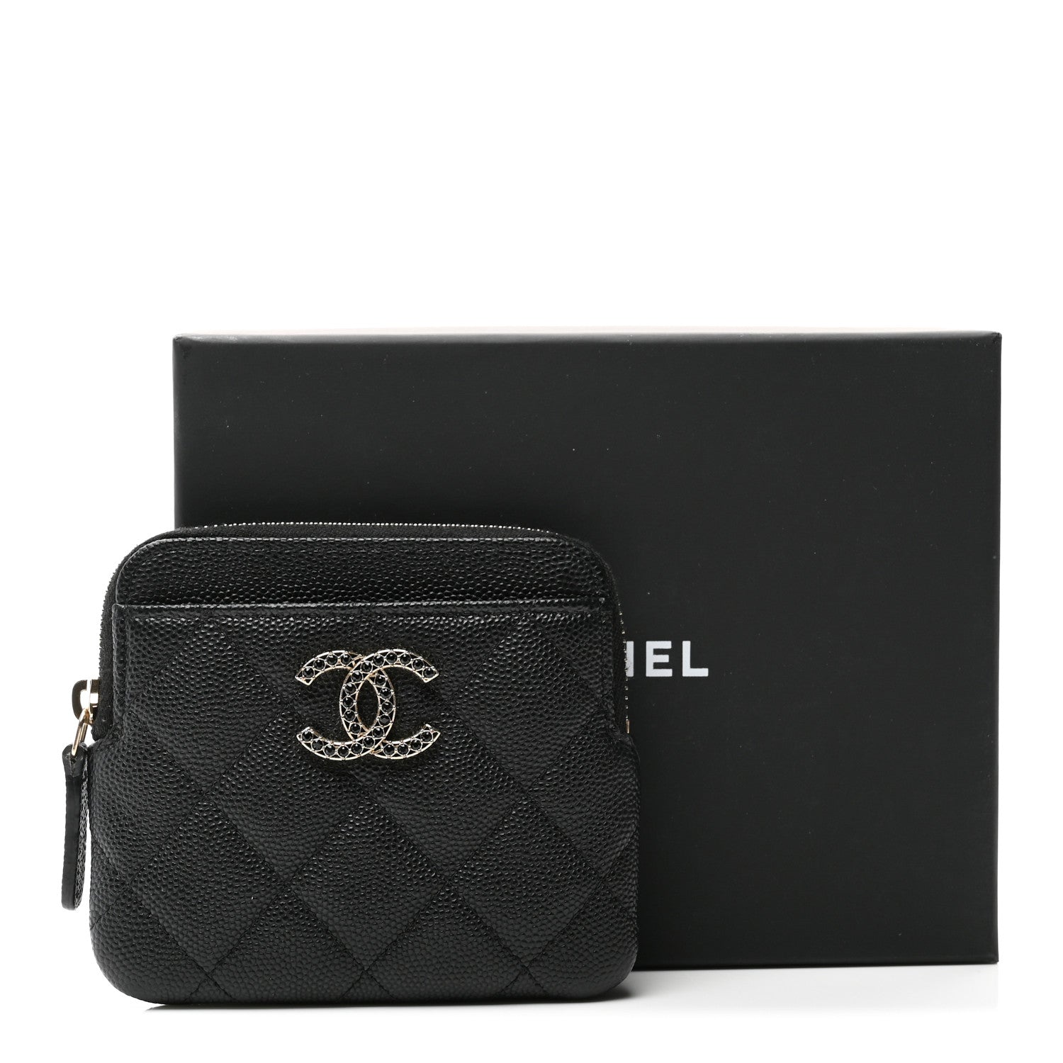 Chanel Caviar Quilted Crystal Zip Card Holder Wallet Black 8 of 8