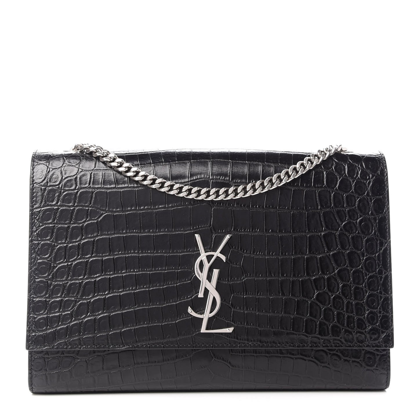 Calfskin Crocodile Embossed Large Classic Monogram Kate Satchel Black