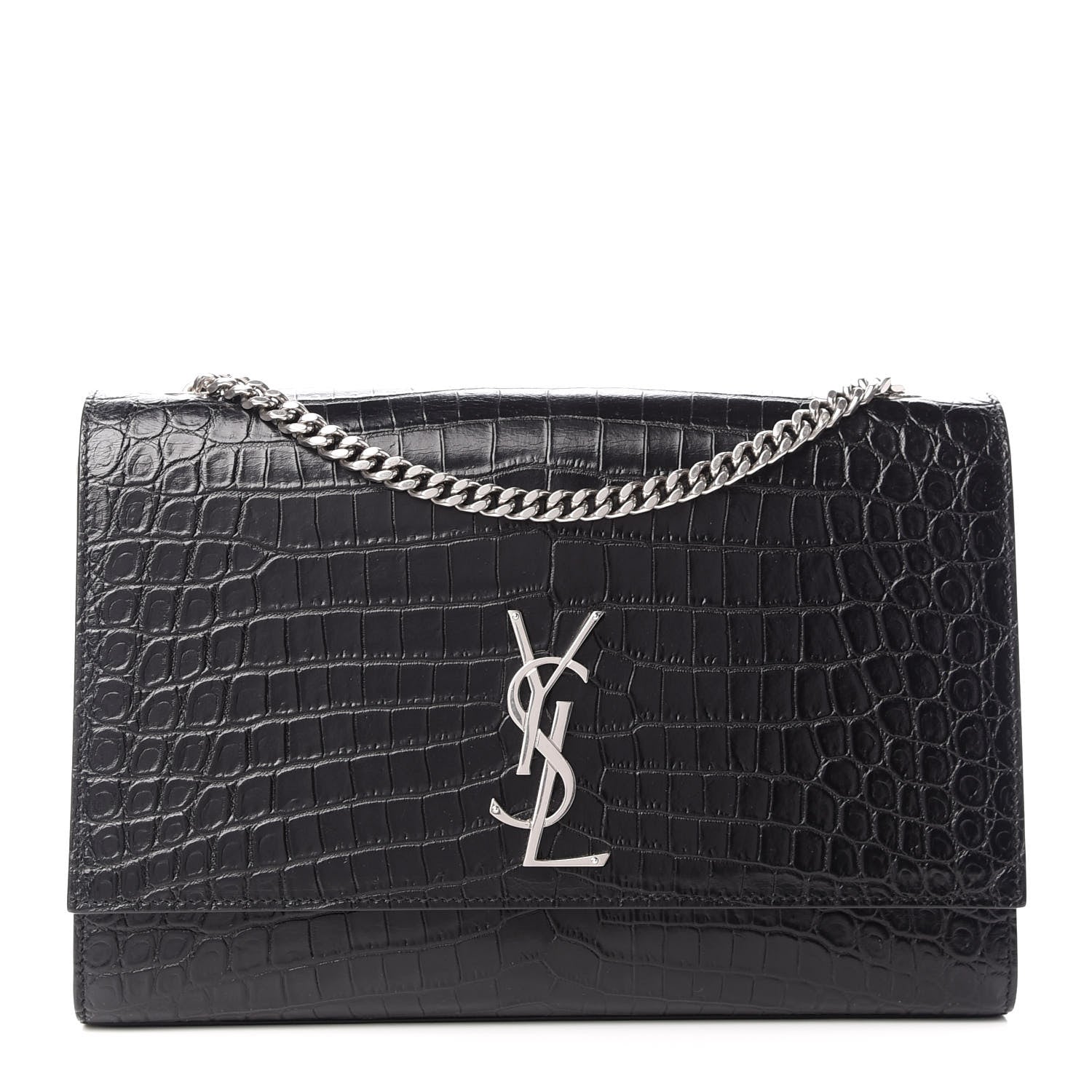 Saint Laurent Calfskin Crocodile Embossed Large Classic Monogram Kate Satchel Black 1 of 9