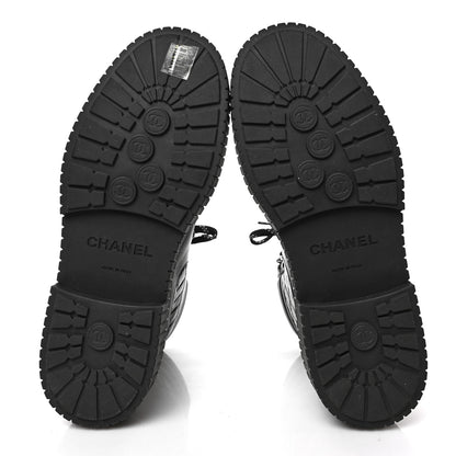 Chanel Calfskin Grosgrain Quilted Lace Up Boots 41 Black Grey 5 of 7