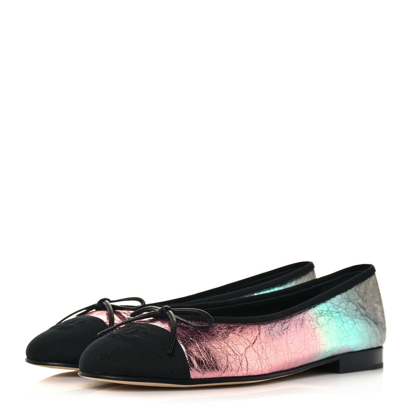 Laminated Calfskin Grosgrain Cap Toe CC Ballerina Flats 38 Multicolor Black