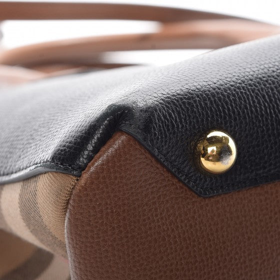 Grainy Calfskin House Check Two Tone Medium Banner Tote Black Brown