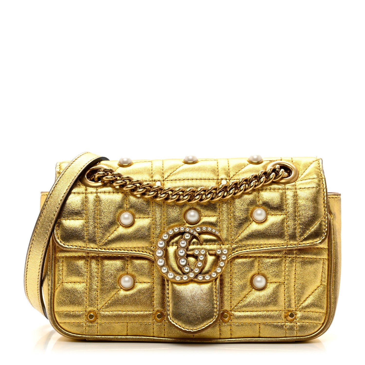 Gucci Metallic Calfskin Matelasse Studded Mini Pearly GG Marmont Shoulder Bag Gold 1 of 12