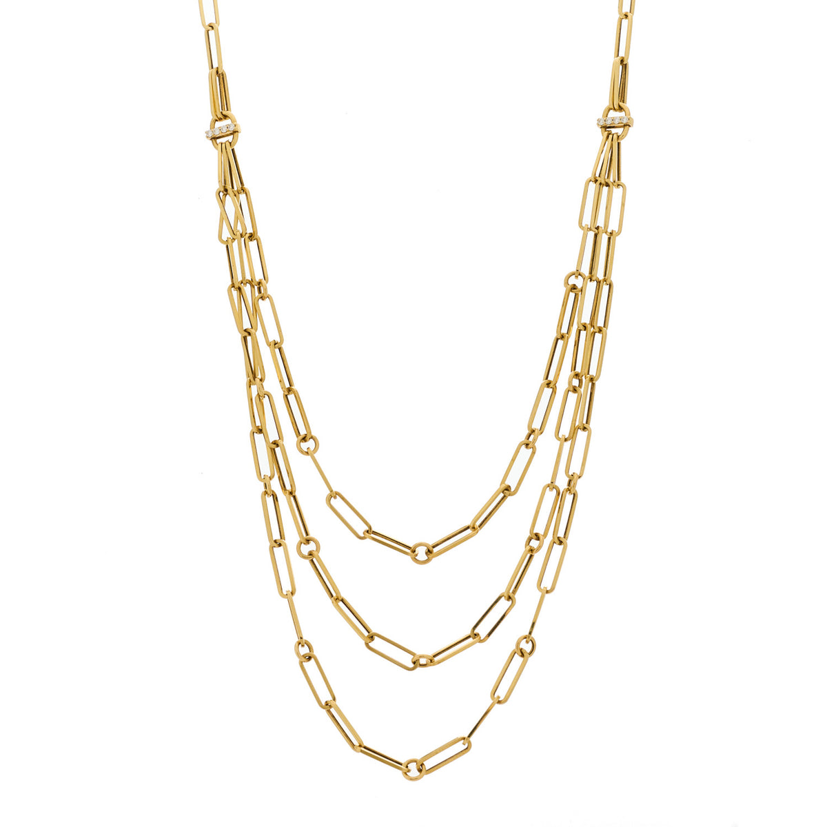 18K Yellow Gold Diamond Paperclip Triple Strand Bib Necklace