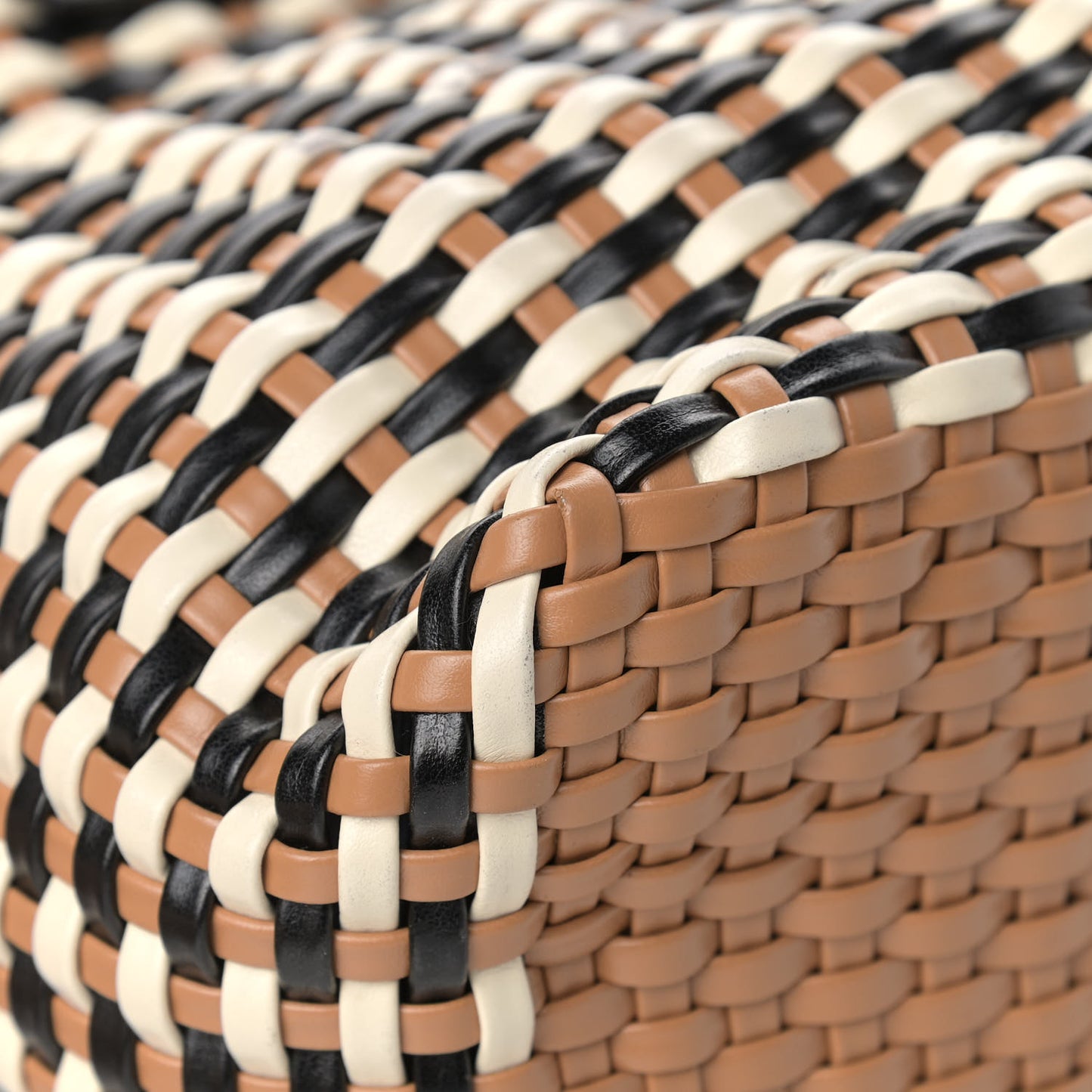 Polyurethane Calfskin Woven Bi-Color Tote Beige Black