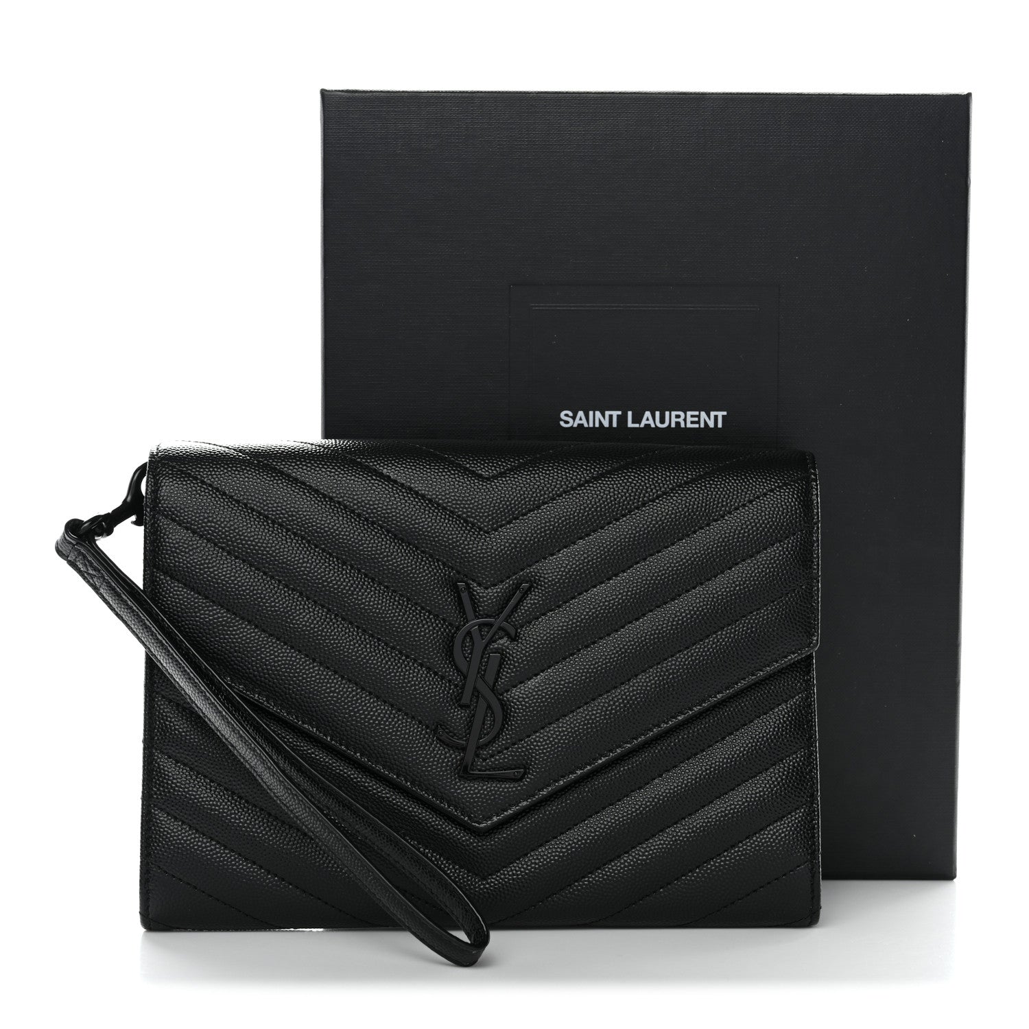 Saint Laurent Grain De Poudre Matelasse Chevron Monogram Monochrome Envelope Clutch Black 33 of 33
