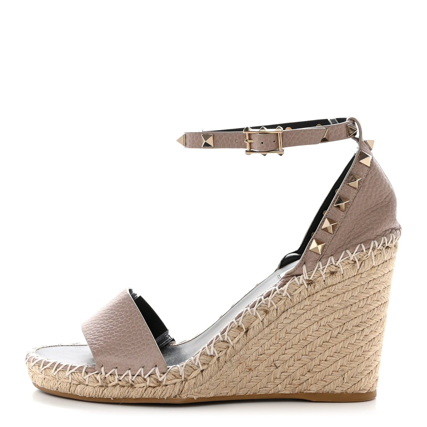 Grained Calfskin Rockstud Ankle Strap Espadrille 15/105mm Wedge Sandals 39 Poudre Natural