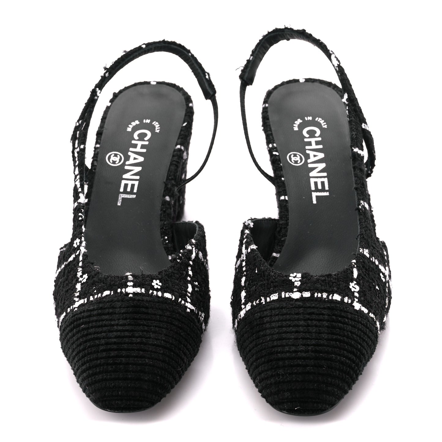 Tweed Sequins Corduroy Cap Toe CC Slingback Pumps 38 Black White