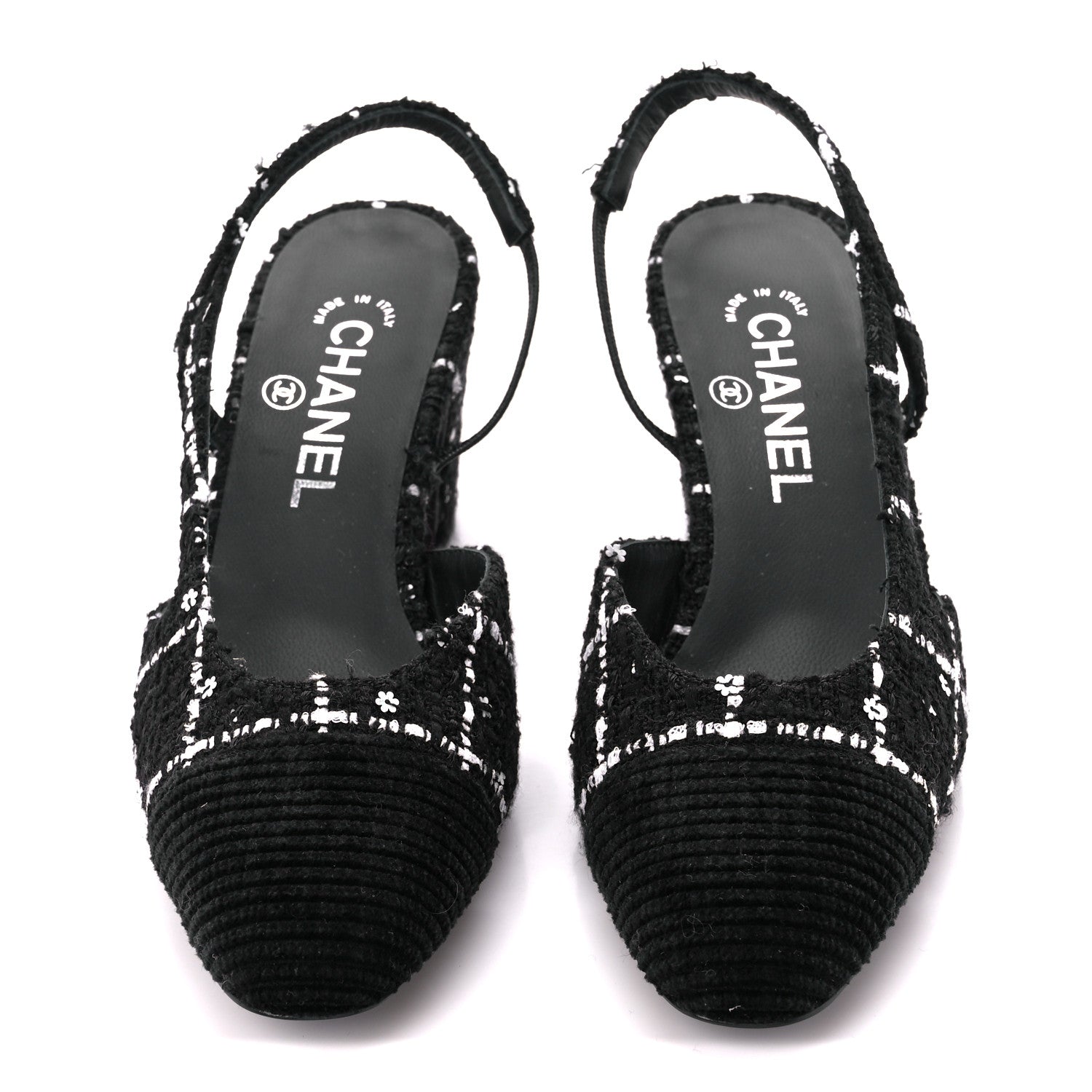 Chanel Tweed Sequins Corduroy Cap Toe CC Slingback Pumps 38 Black White 2 of 9