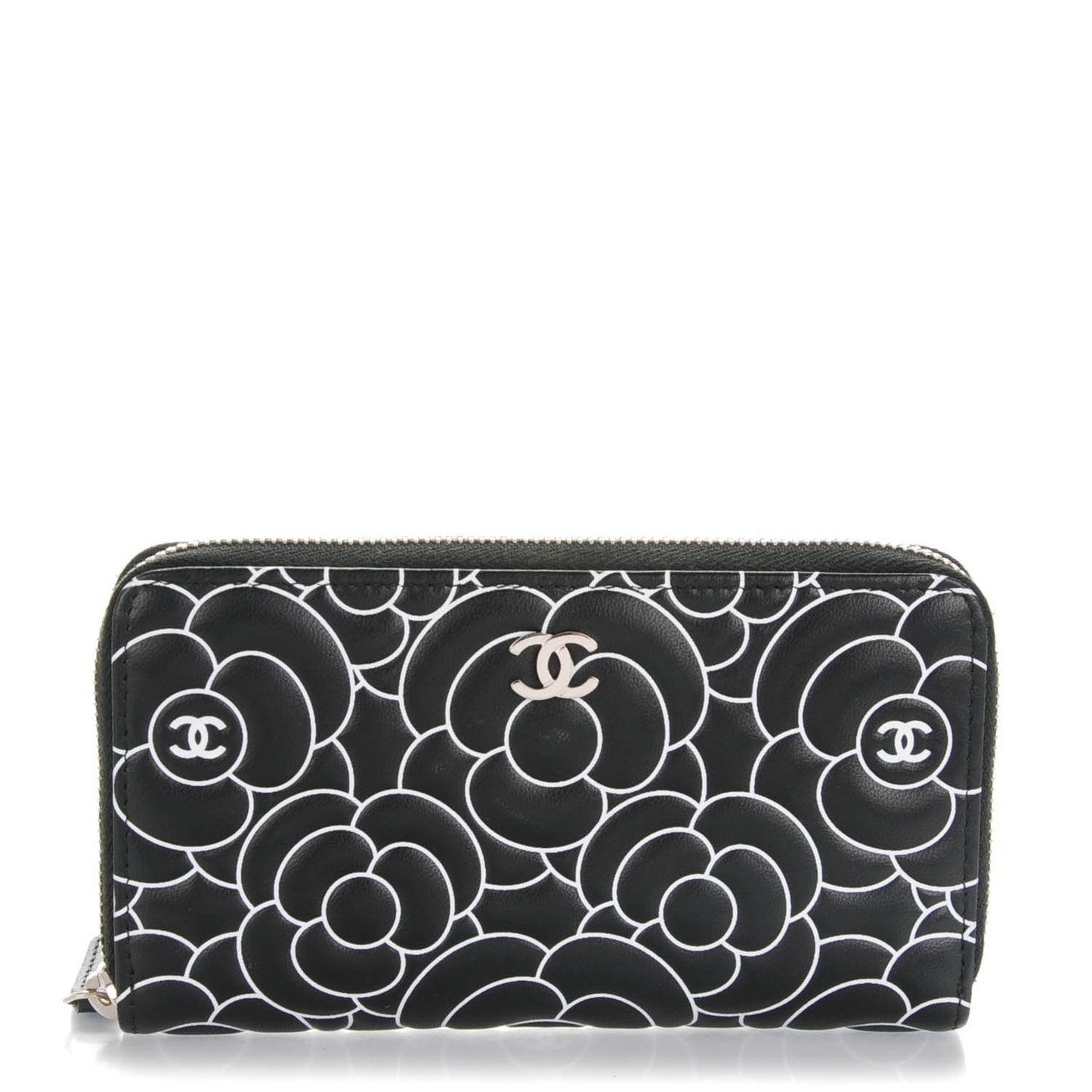 Lambskin Camellia Embossed Zip Around Wallet Black