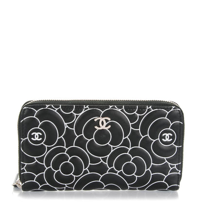 Chanel Lambskin Camellia Embossed Zip Around Wallet Black 1 of 8