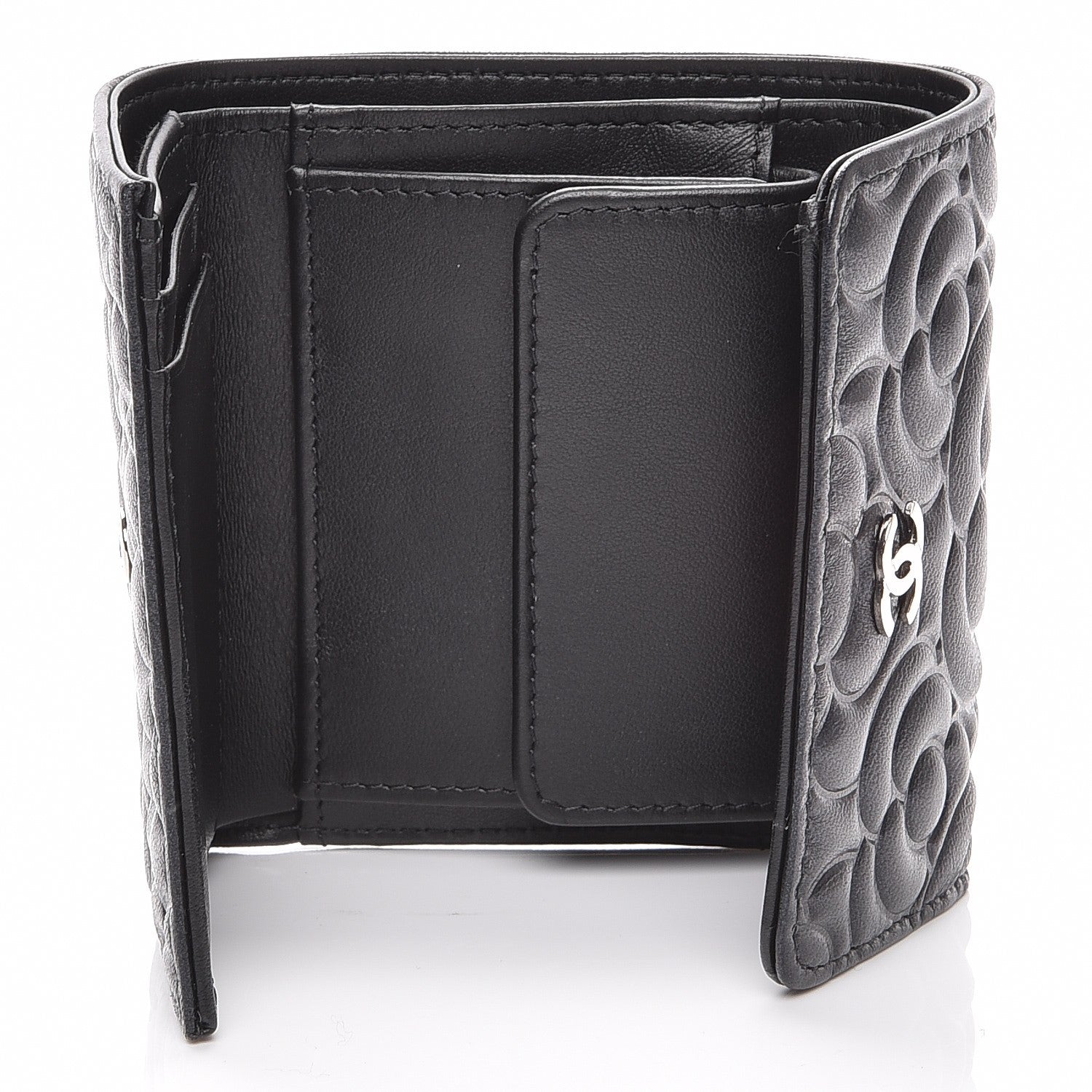 Chanel Lambskin Camellia Embossed Small Double Wallet Black 5 of 8