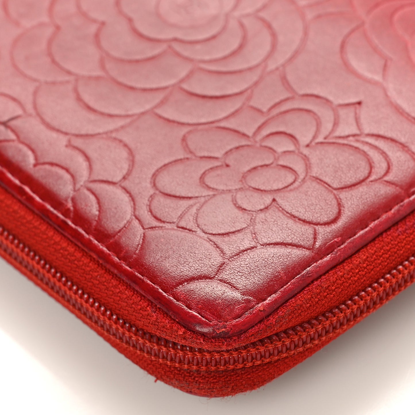 Lambskin Camellia Embossed Zip Around Organizer Wallet Red