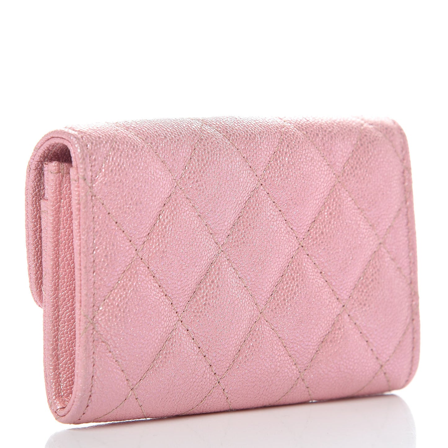 Iridescent Caviar Quilted Flap Card Holder Rose Pink