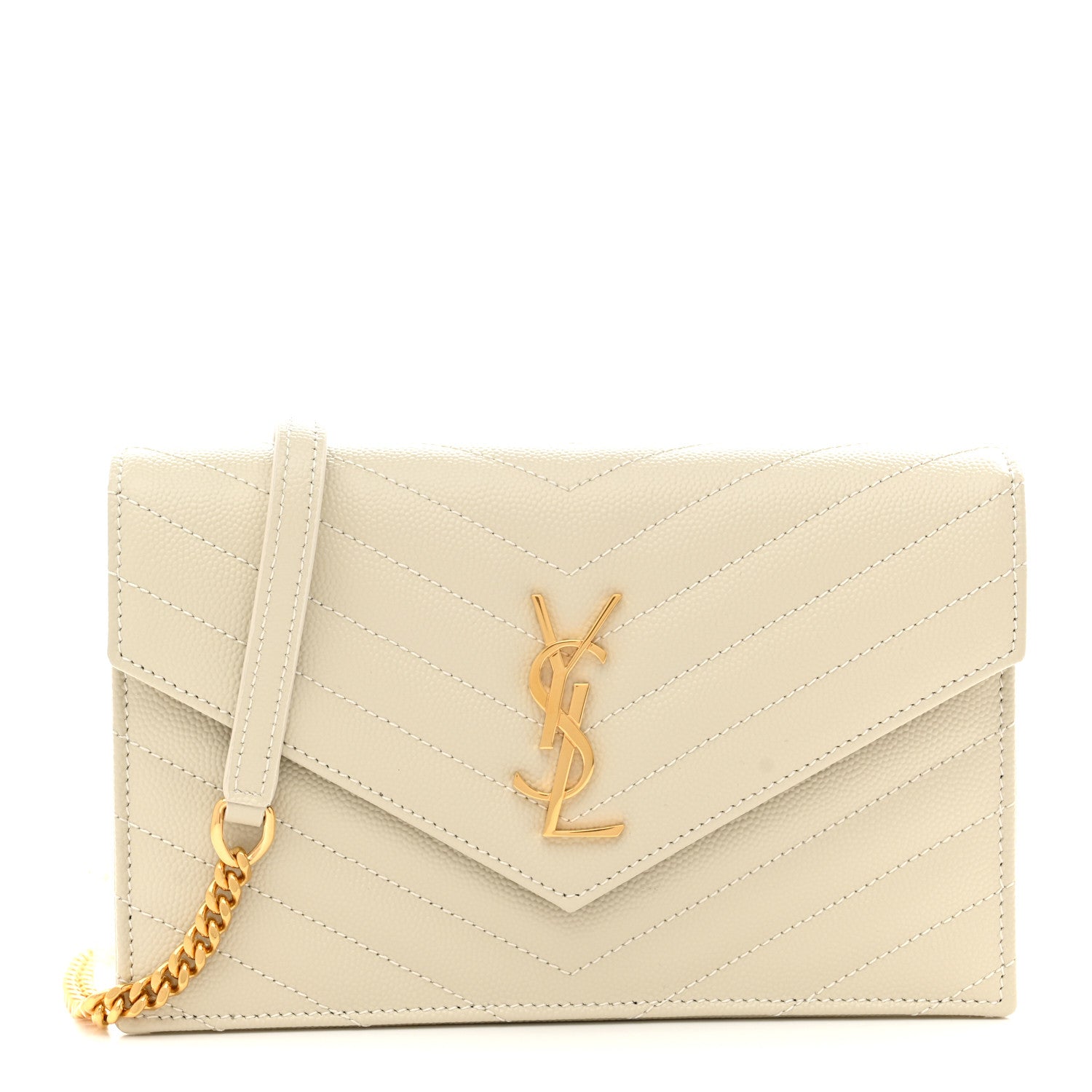 Saint Laurent Grain De Poudre Matelasse Chevron Monogram Envelope Chain Wallet Crema Soft 1 of 11