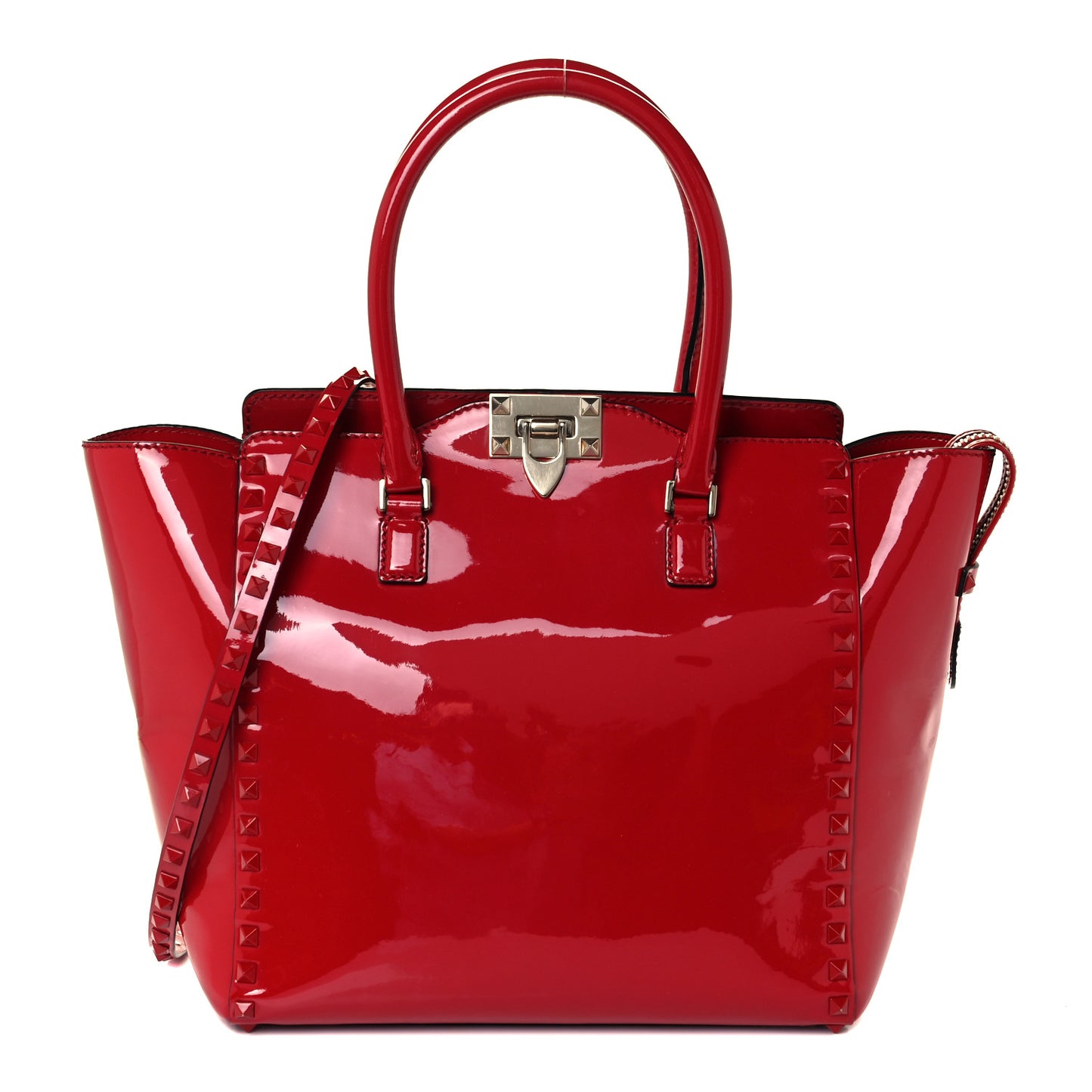 Patent Monochrome Rockstud Double Handle Tote Rosso Valentino