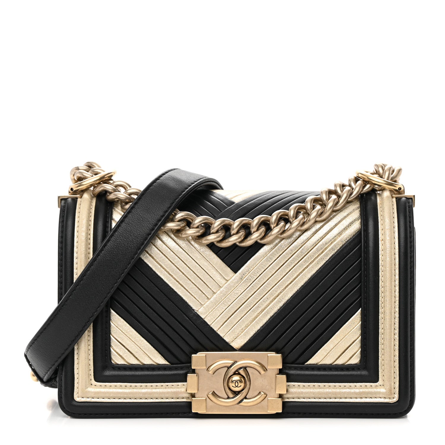 Chanel Metallic Calfskin Pleated Small Boy In Rome Flap Black Gold 1 of 16