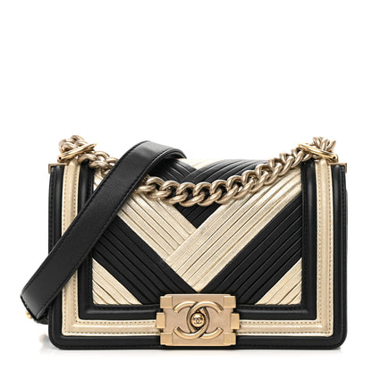 Chanel Metallic Calfskin Pleated Small Boy In Rome Flap Black Gold 1 of 16