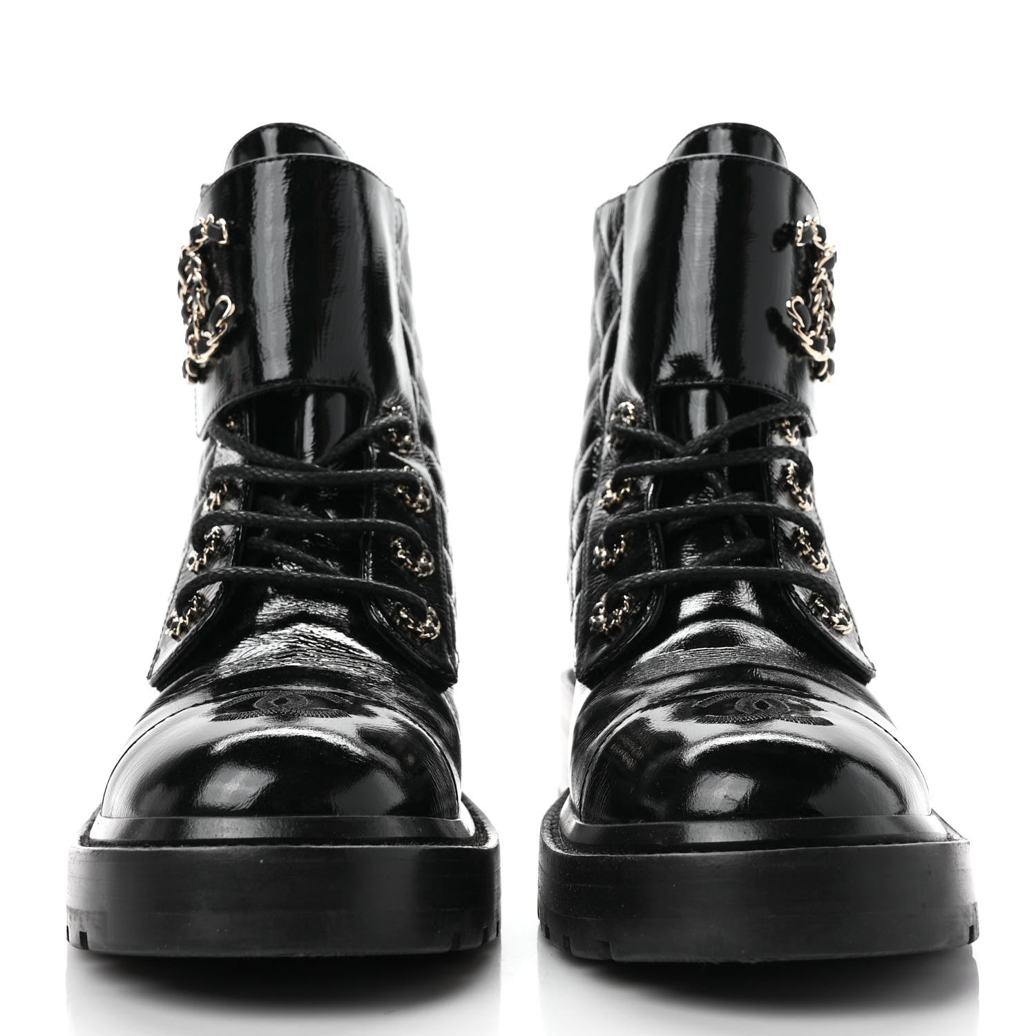 Chanel Shiny Calfskin Quilted Lace Up Combat Boots 37.5 Black 2 of 9