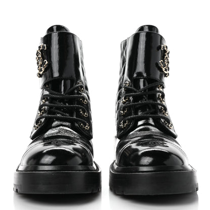Chanel Shiny Calfskin Quilted Lace Up Combat Boots 37.5 Black 2 of 9
