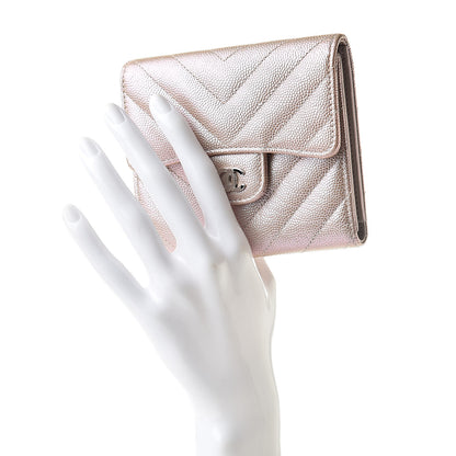Chanel Metallic Caviar Chevron Quilted Compact Flap Wallet Light Gold 2 of 9
