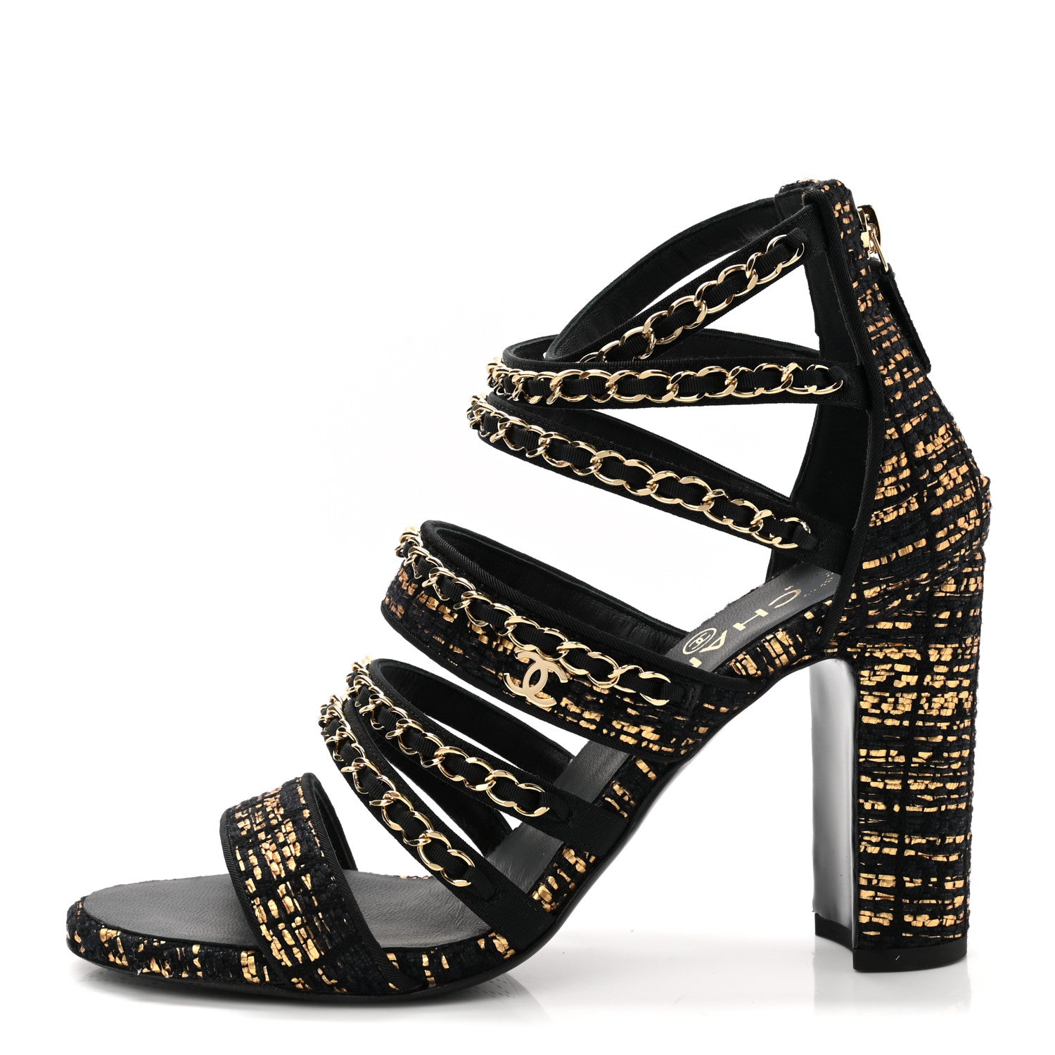 Chanel Metallic Tweed Gladiator Chain Sandals 38.5 Black Gold 1 of 9