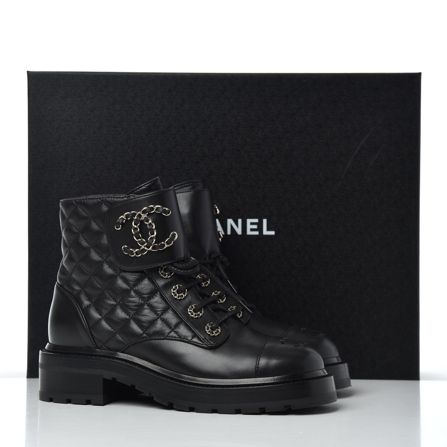 Shiny Lambskin Quilted Lace Up Combat Boots 36.5 Black