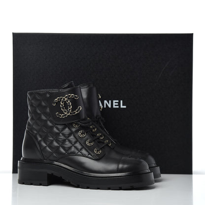 Chanel Shiny Lambskin Quilted Lace Up Combat Boots 36.5 Black 17 of 17