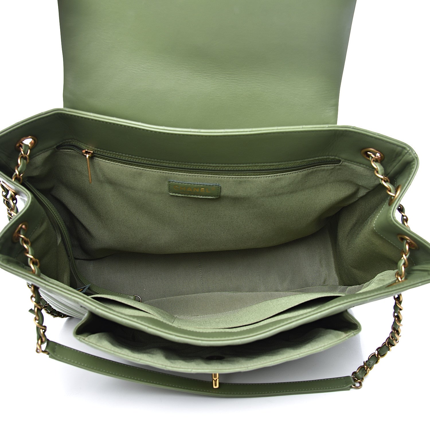 Chanel Lambskin Chevron Quilted Large Shopping Tote Green 4 of 11