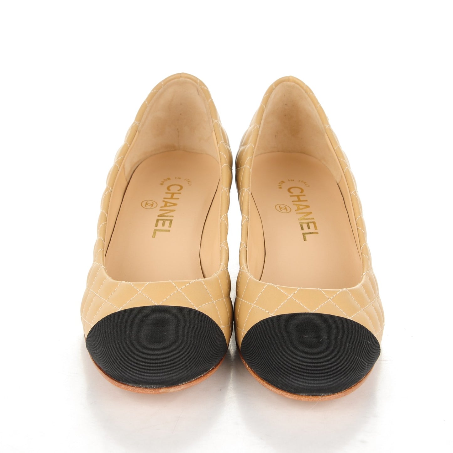Calfskin Grosgrain Quilted CC Cap Toe Low Heel Pumps 36 Beige Black