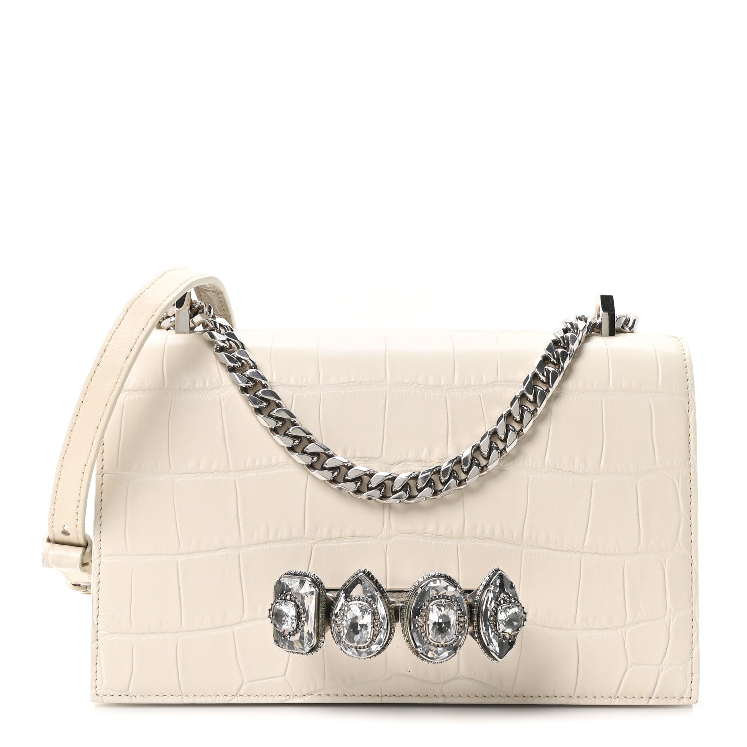Alexander McQueen Shiny Calfskin Crocodile Embossed Knuckle Jeweled Crossbody White 1 of 9