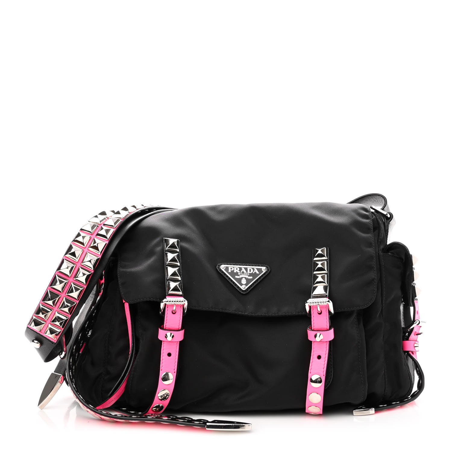 Prada Nylon New Vela Studded Messenger Bag Black Rosa Fluo 1 of 8