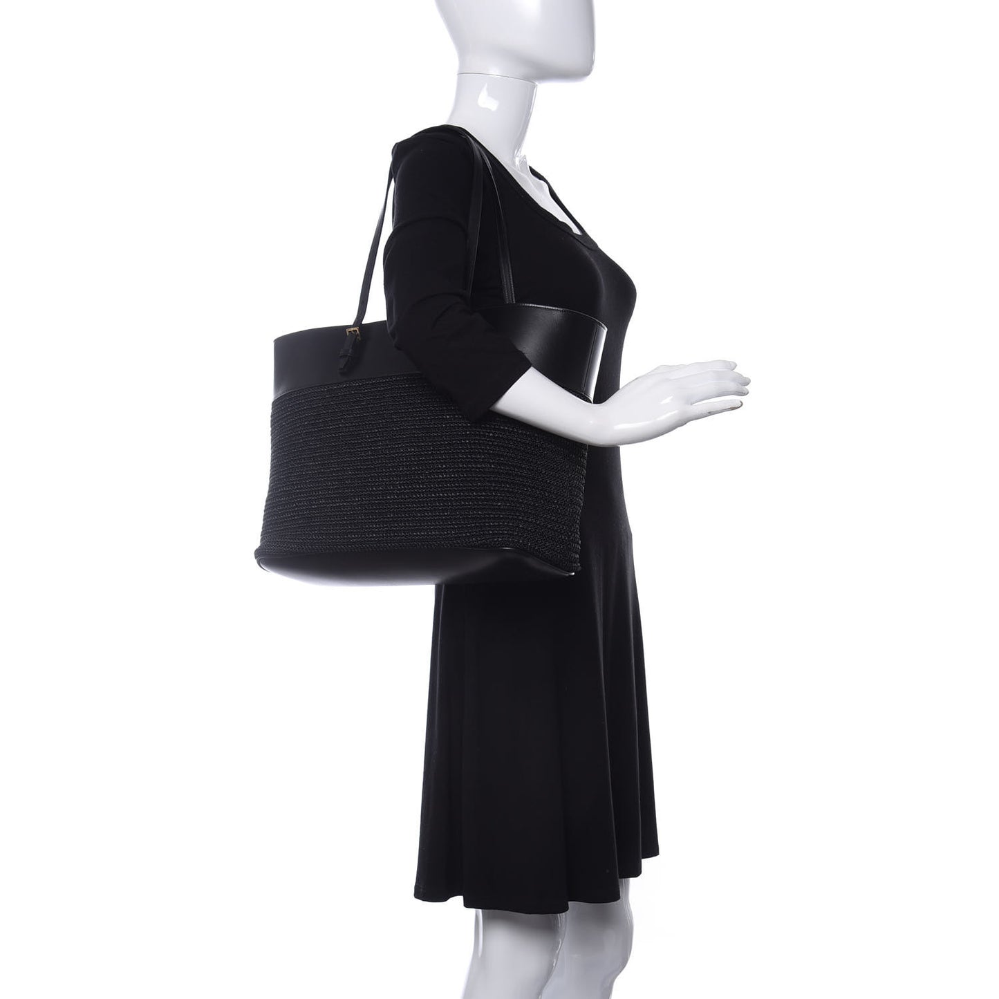 Calfskin Raffia Medium Shopper Tote Black