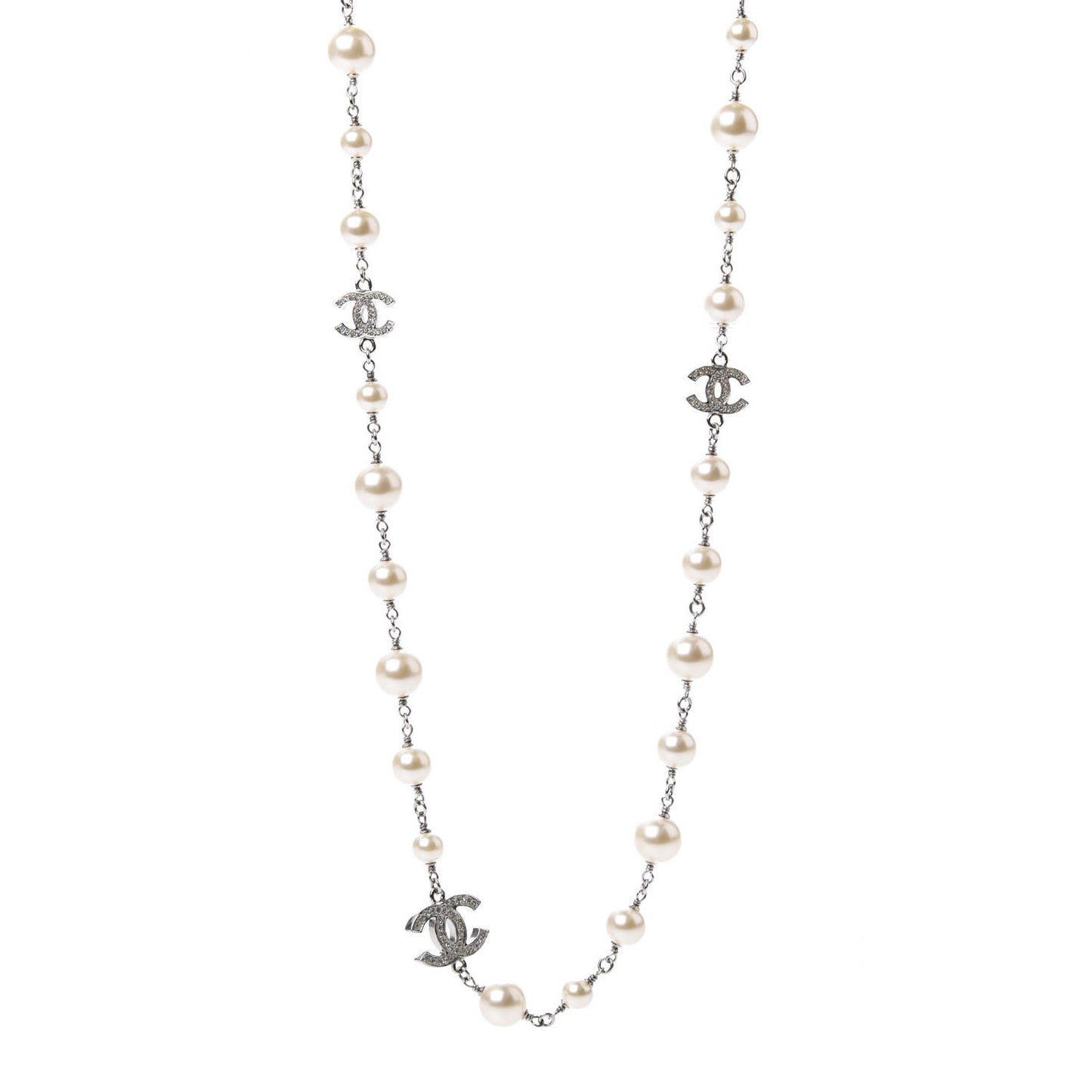 Crystal Pearl CC Long Necklace Silver
