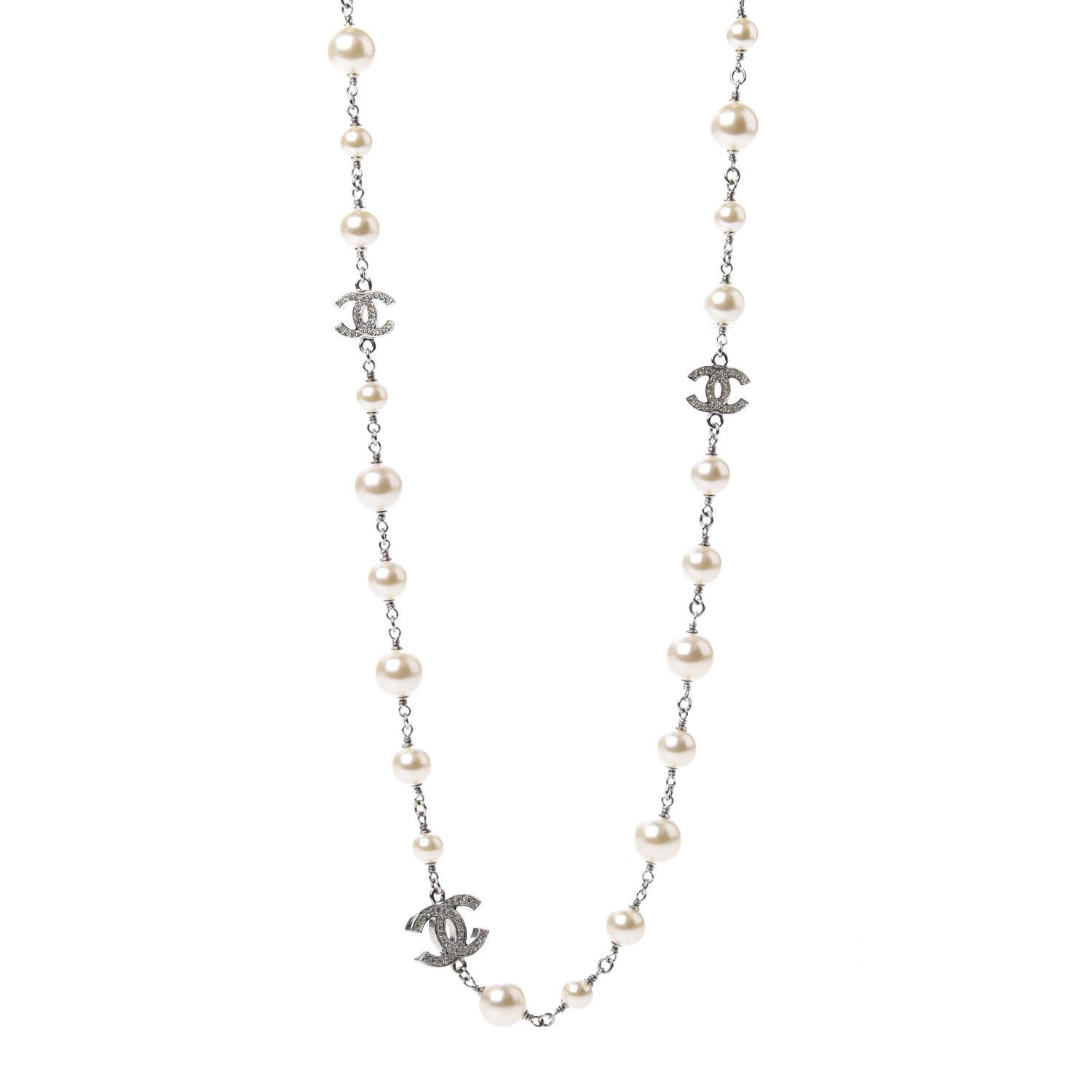 Chanel Crystal Pearl CC Long Necklace Silver 1 of 7