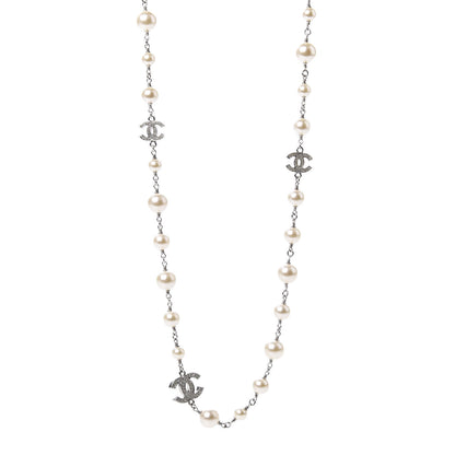Chanel Crystal Pearl CC Long Necklace Silver 1 of 7