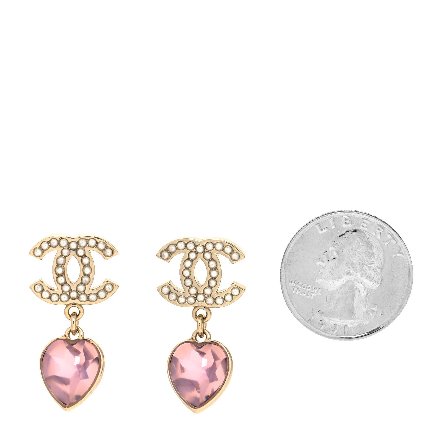 Chanel Crystal Heart CC Drop Earrings Pink Gold 2 of 4