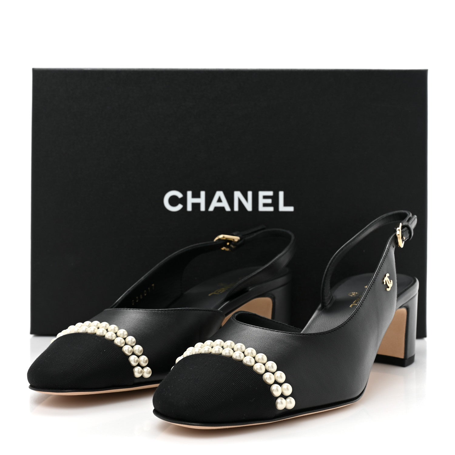 Chanel Lambskin Grosgrain Pearl Cap Toe CC Slingback Pumps 38 Black 9 of 9