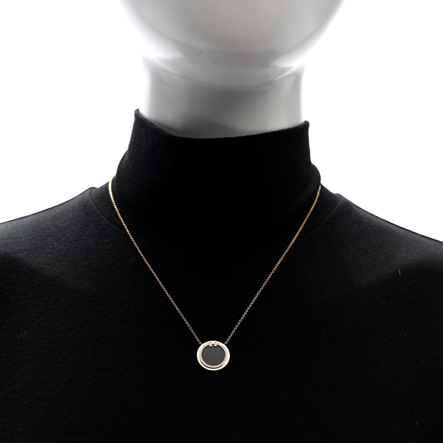 Tiffany 18K Yellow Gold Diamond Black Onyx 16mm T Circle Pendant Necklace 2 of 5