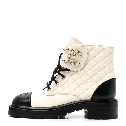 Chanel Shiny Goatskin Calfskin Quilted Lace Up Combat Boots 38 Ivory Black 1 of 9